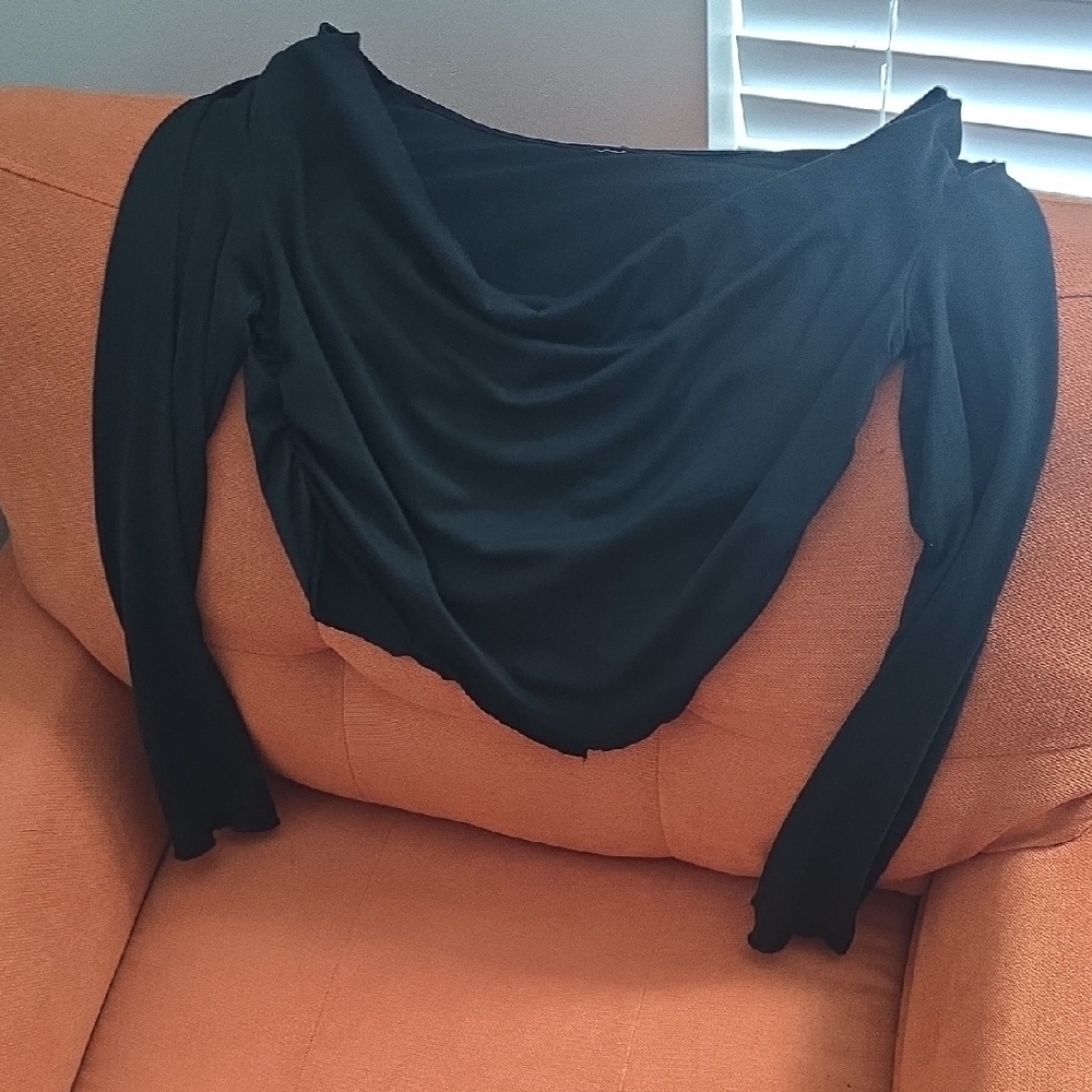 Elegant Black Ruched Asymmetrical Long Sleeve Blouse